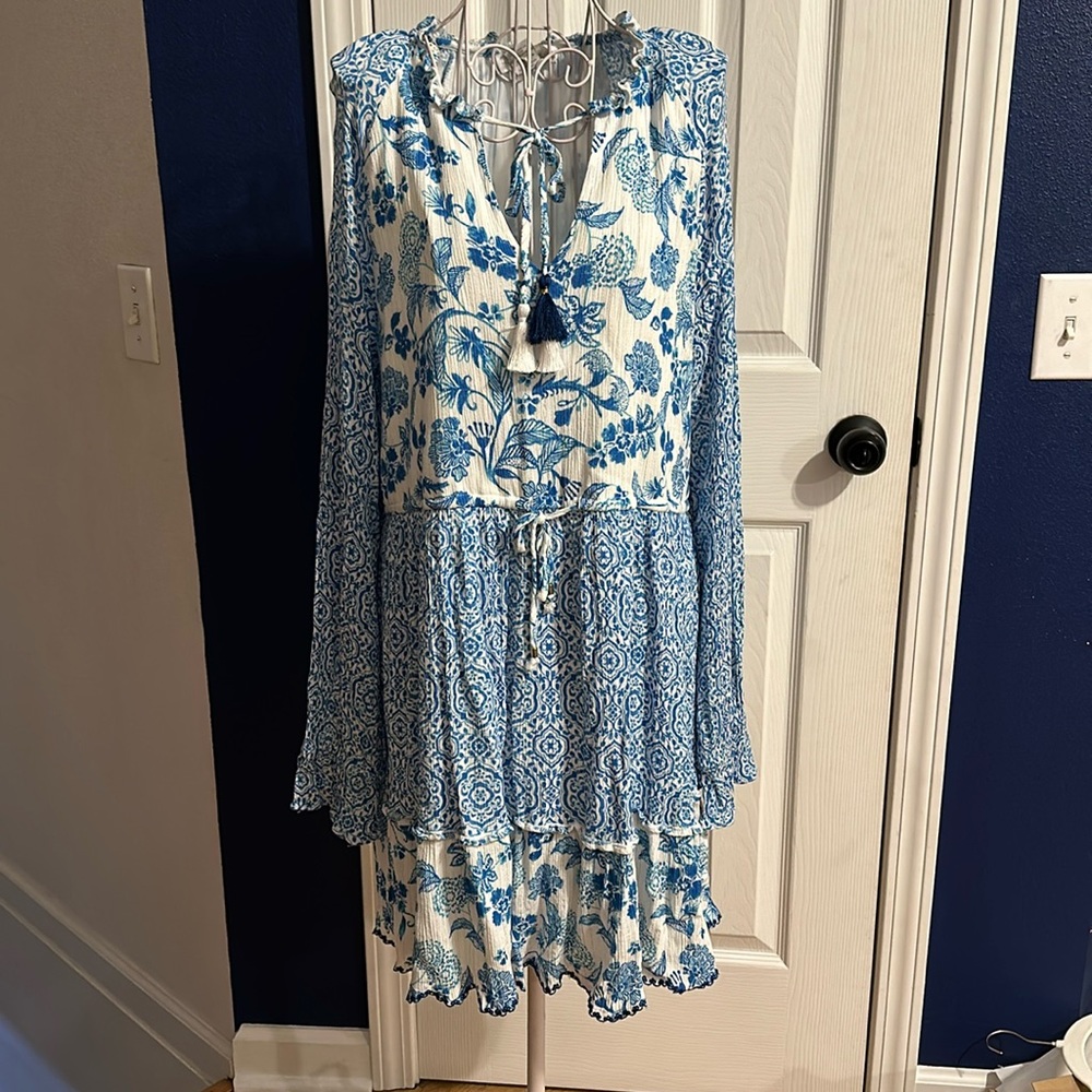 House of Harlow Dress Boho Blue Floral Swing Babydoll Dress Large